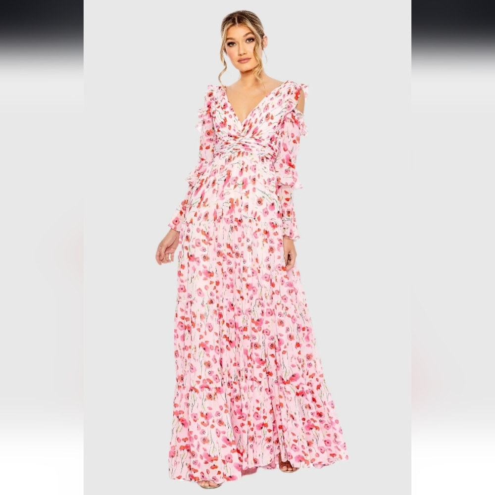 Meena mac Duggal‎ Pink Ruffle Sleeve Floral Print Chiffon Gown